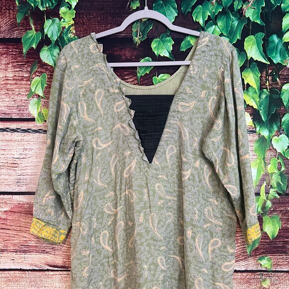 Kurta Midi Tunic Dress XXL 2XL Floral Garden Tear Drop Aztec Tribal Green Yellow - Picture 2 of 5